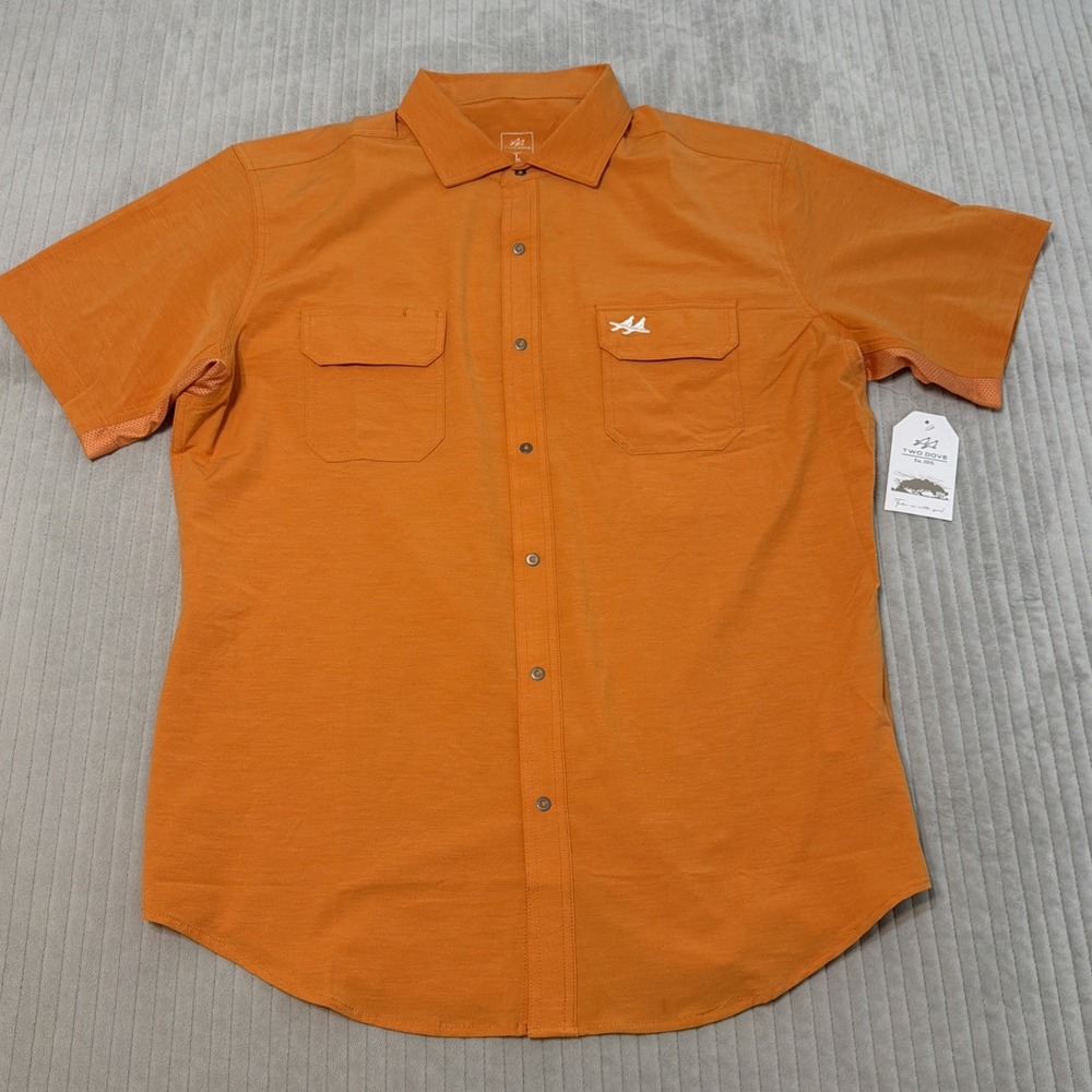 Two Dove Rio Ultimate Outdoor Blend Short Sleeve Shirt Mens L Orange Metal Snap